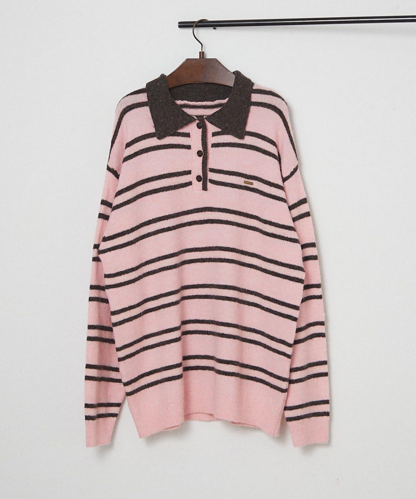 【NUNIFE】多色條紋翻領針織衫