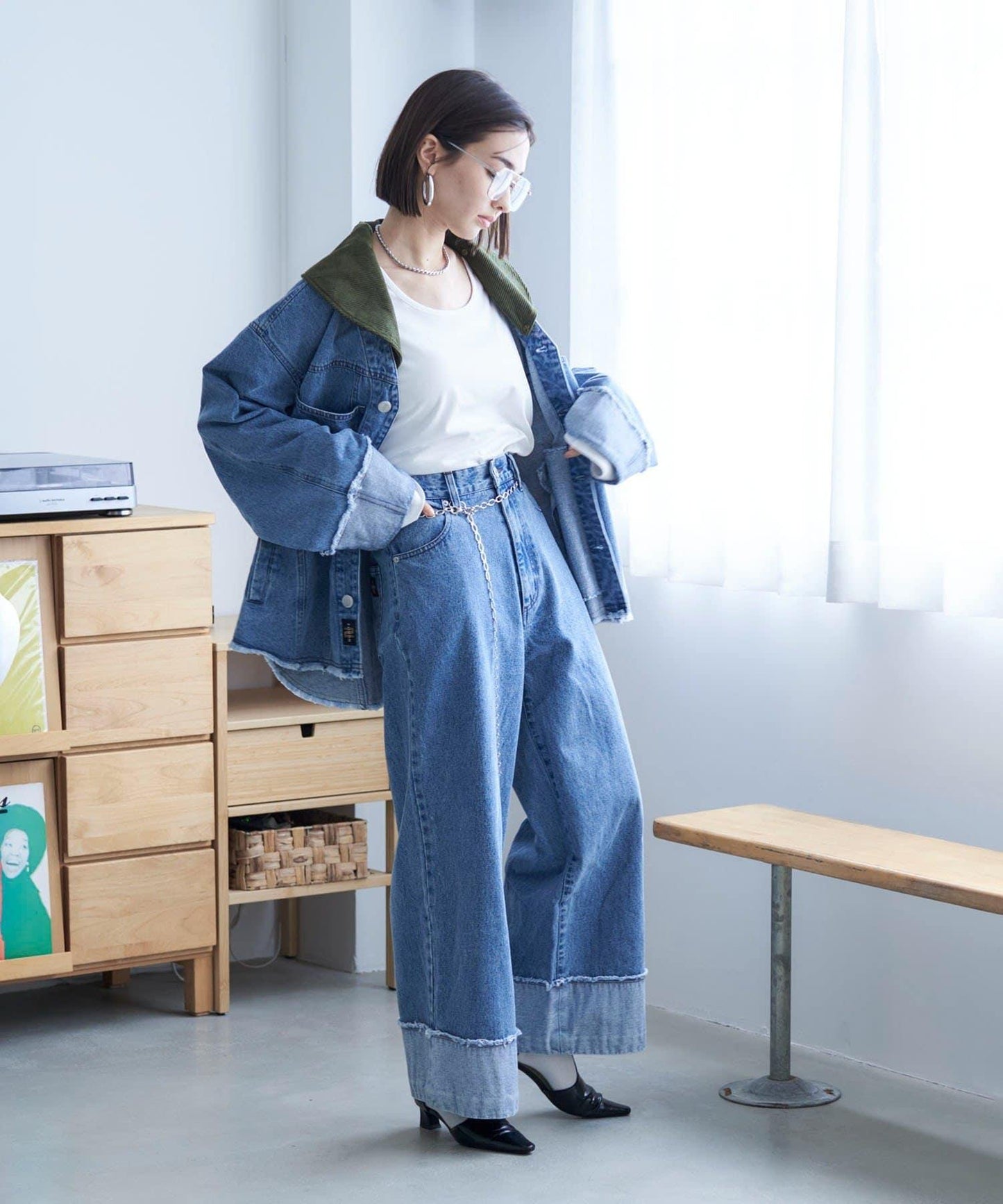 【NUNIFE】卷邊牛仔寬腿褲