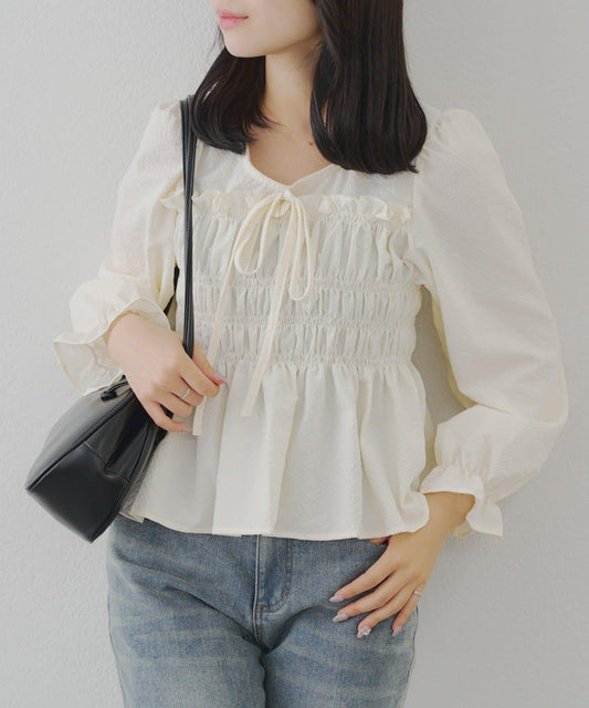 褶皺蝴蝶結荷葉邊上衣