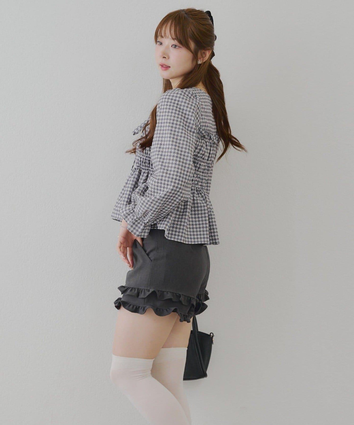 褶皺蝴蝶結荷葉邊上衣