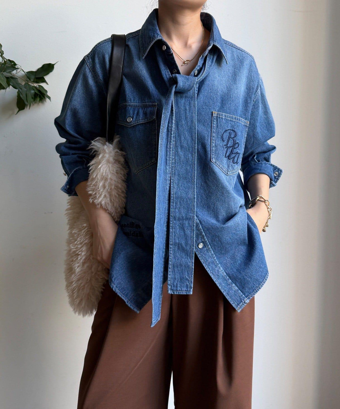 牛仔蝴蝶結刺繡兩穿襯衫