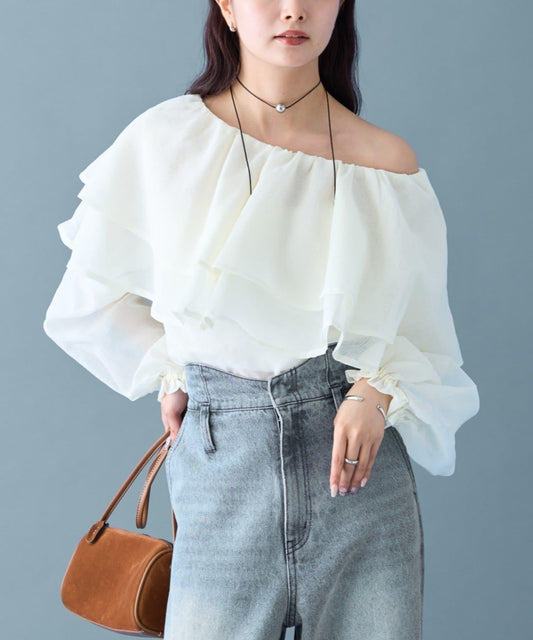 透視荷葉邊長袖襯衫