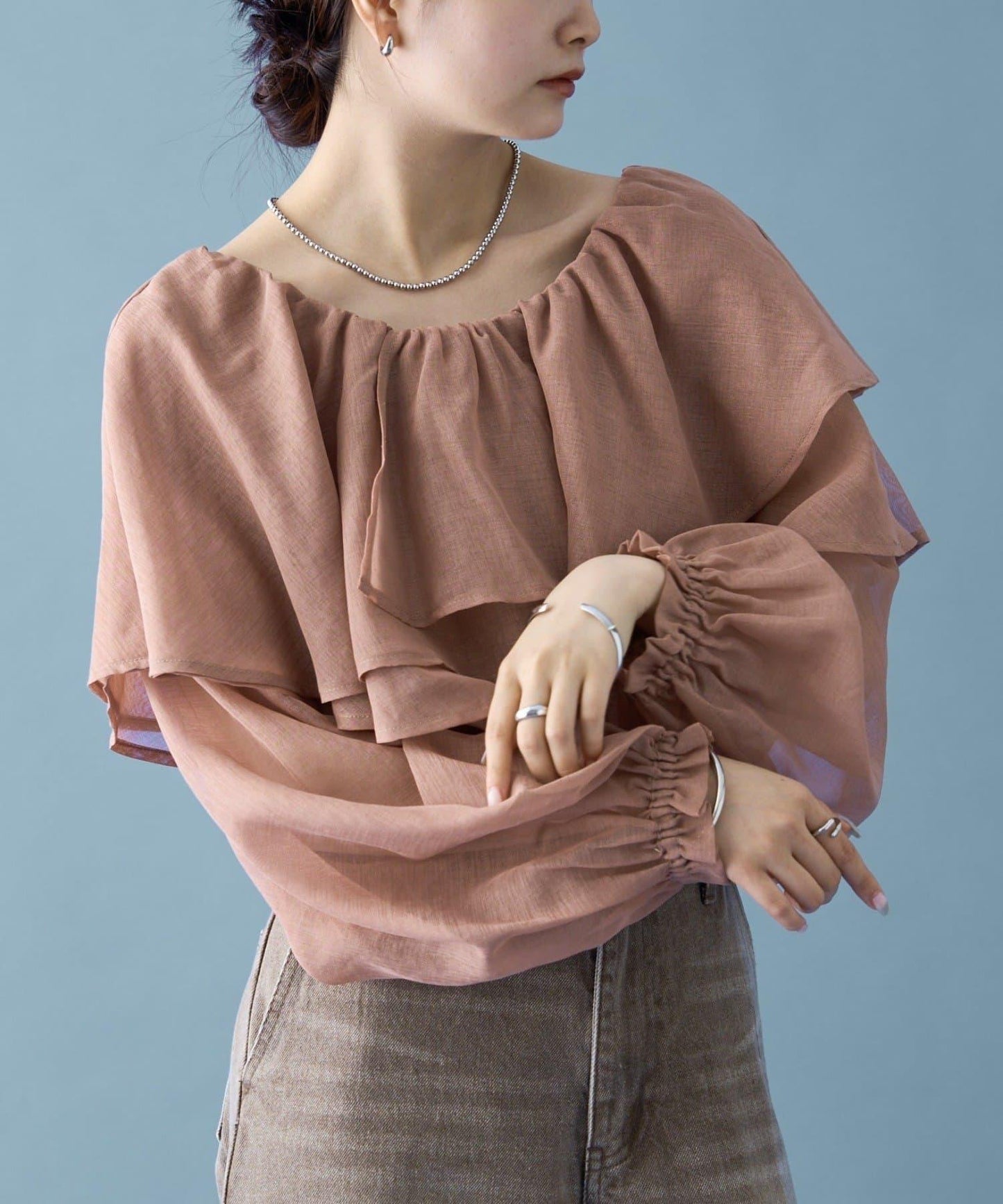 透視荷葉邊長袖襯衫