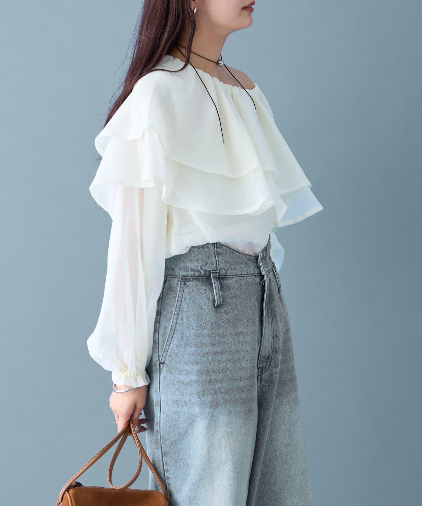 透視荷葉邊長袖襯衫