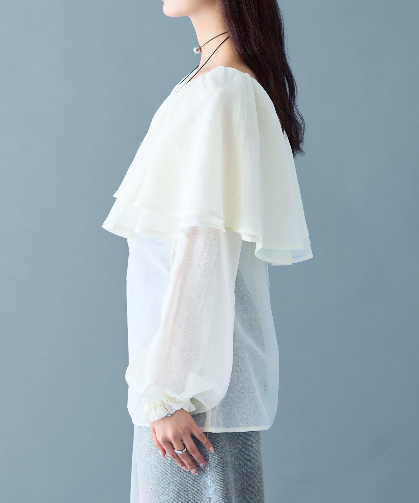 透視荷葉邊長袖襯衫