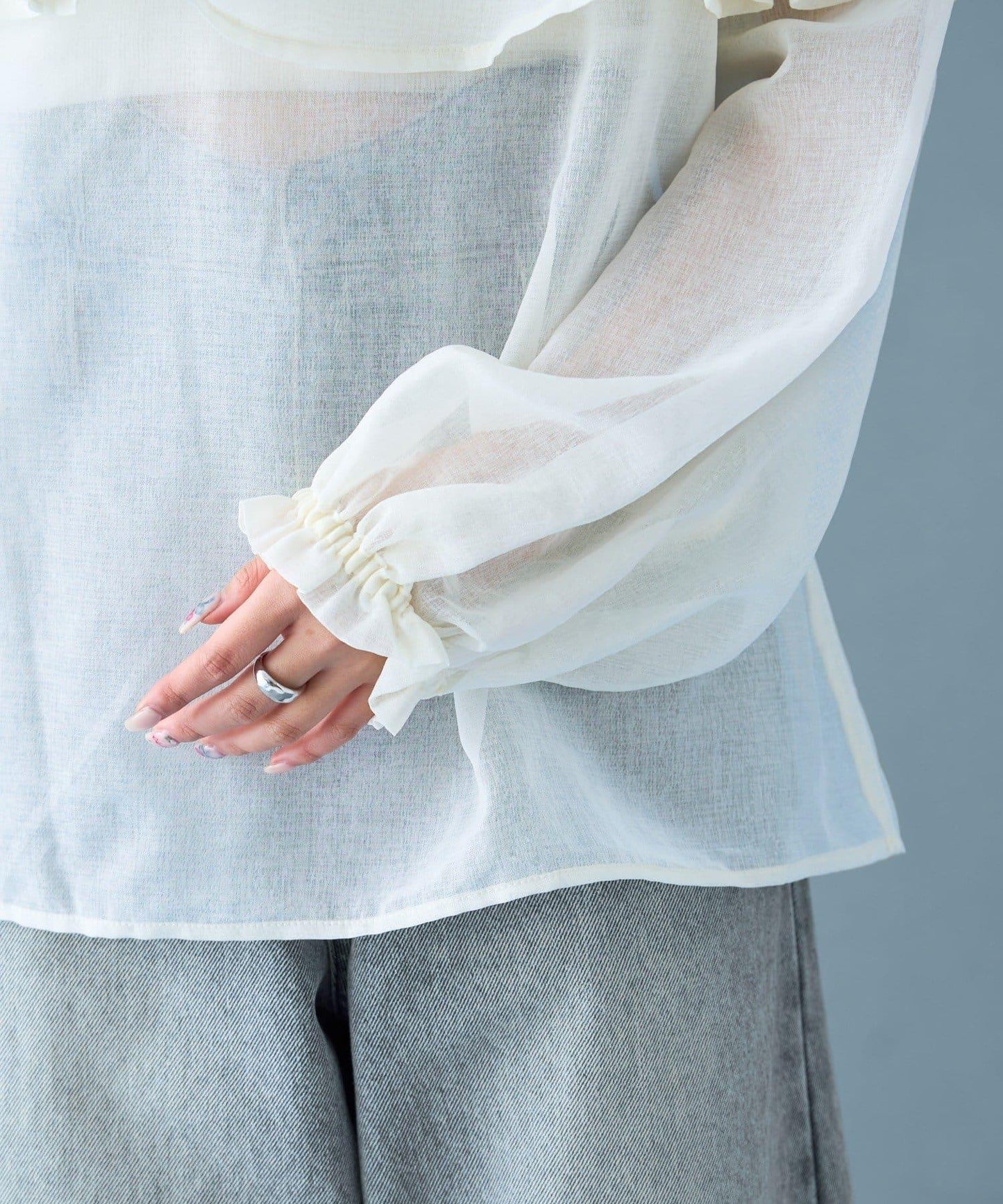 透視荷葉邊長袖襯衫