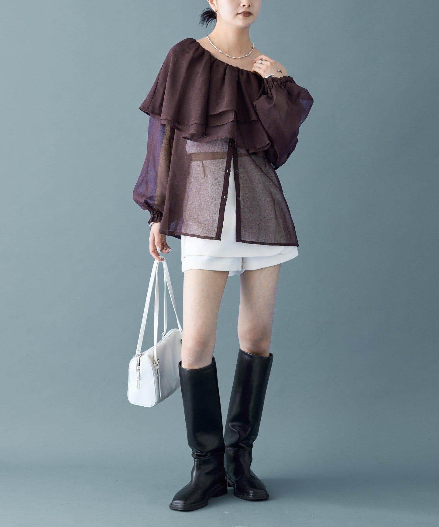 透視荷葉邊長袖襯衫