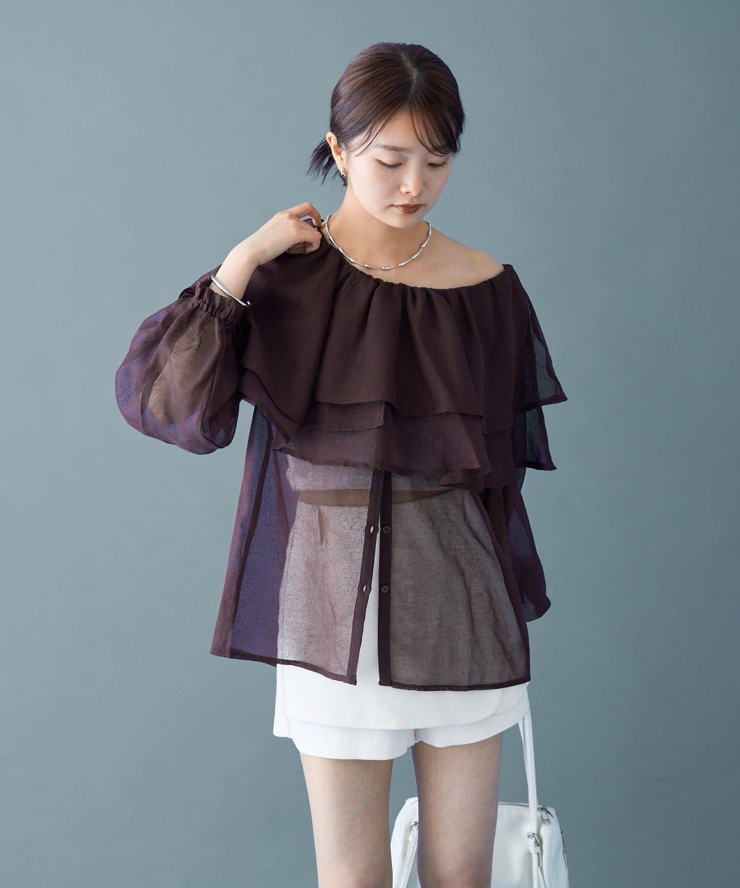 透視荷葉邊長袖襯衫