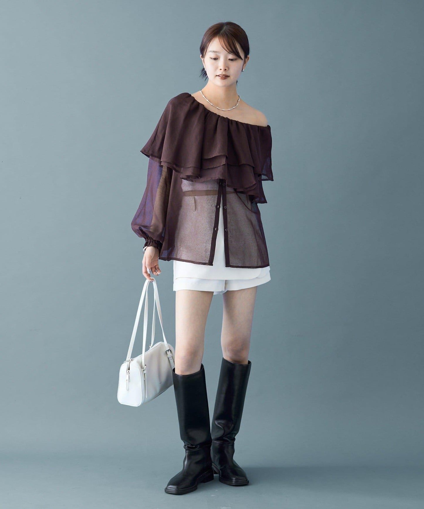 透視荷葉邊長袖襯衫