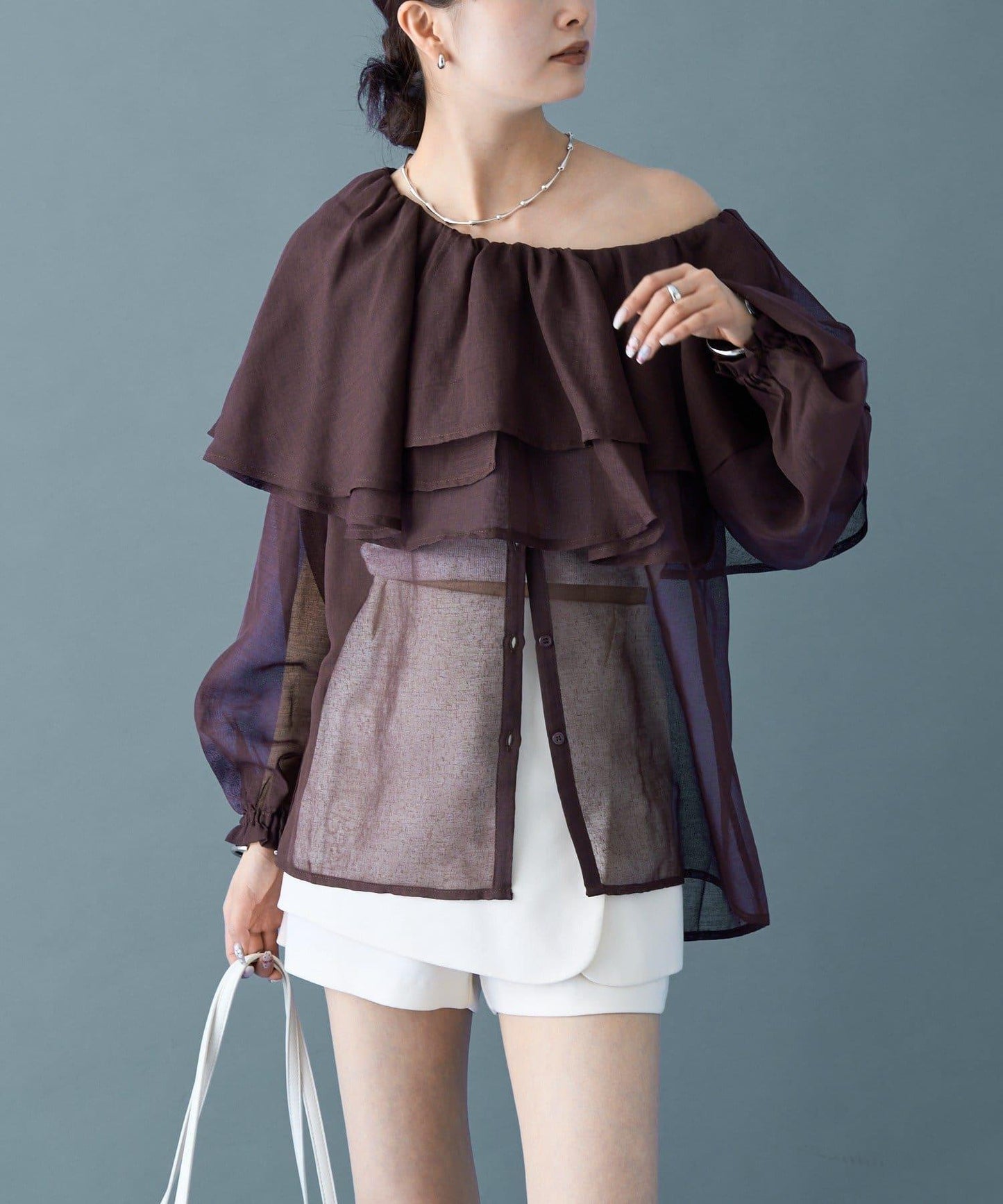 透視荷葉邊長袖襯衫