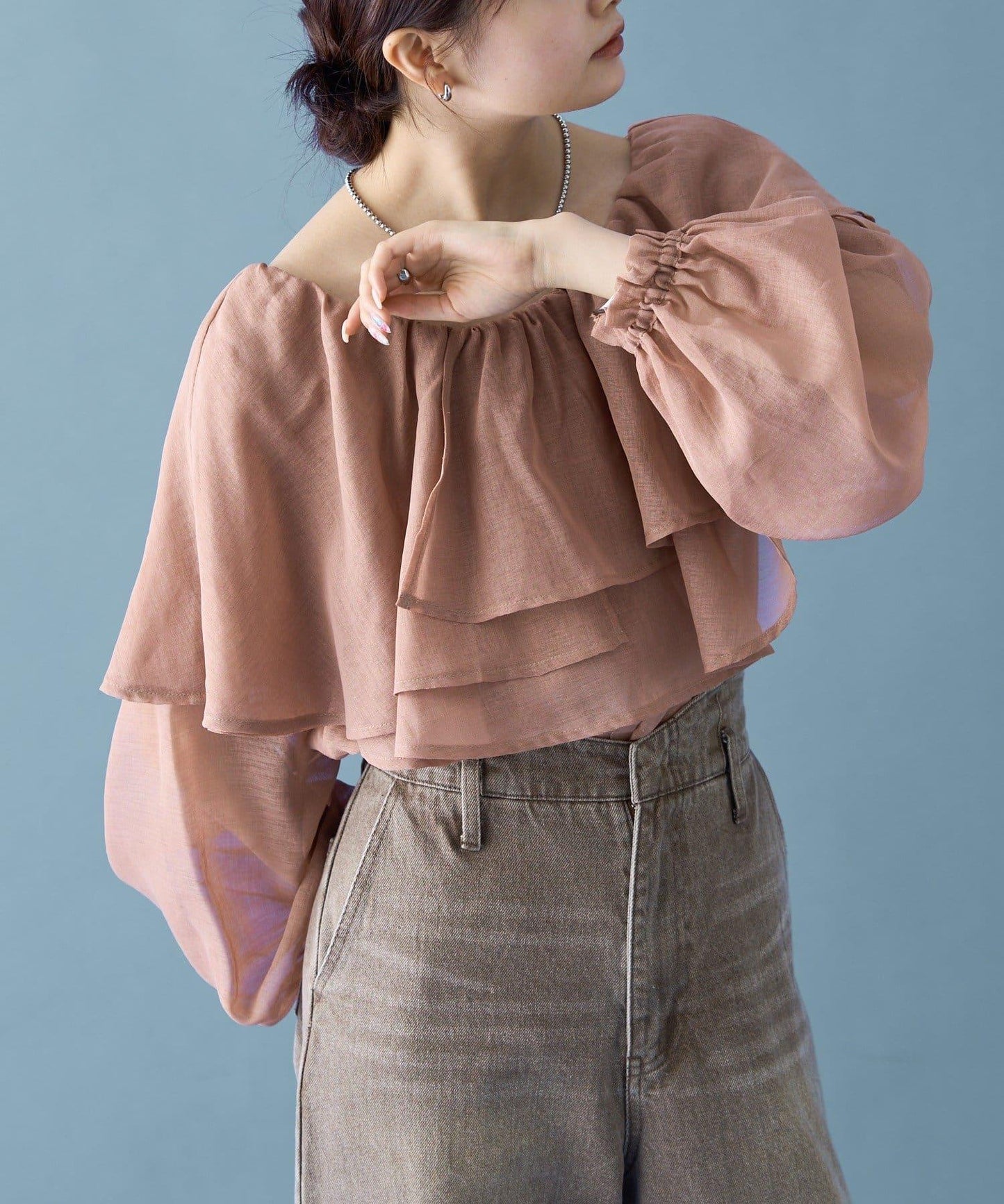 透視荷葉邊長袖襯衫