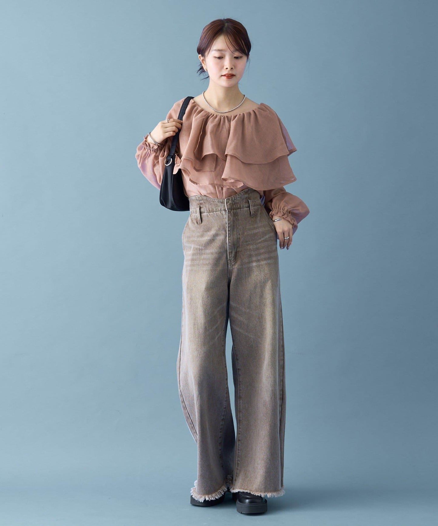 透視荷葉邊長袖襯衫