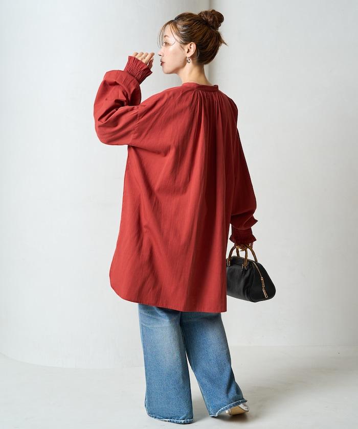 印度棉斜紋褶皺泡泡袖襯衫