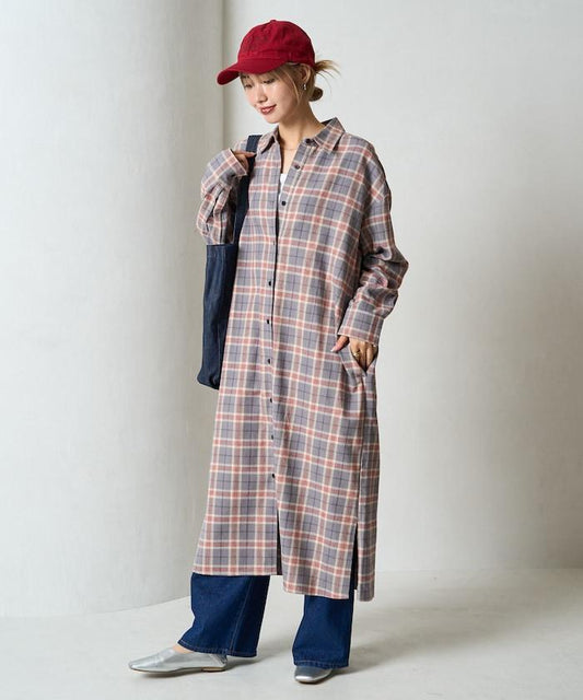 法蘭絨格子寬鬆襯衫連衣裙