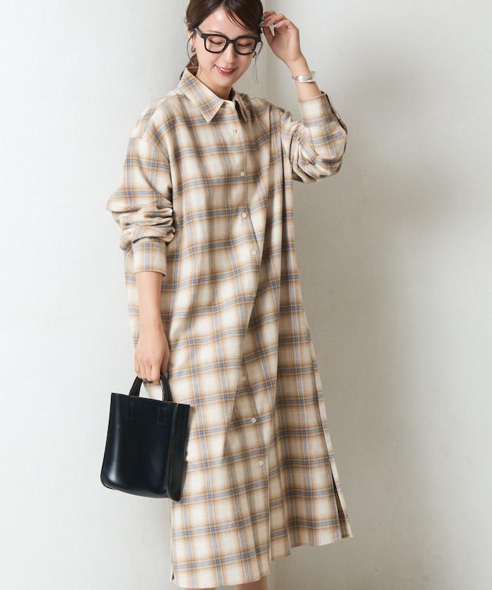 法蘭絨格子寬鬆襯衫連衣裙