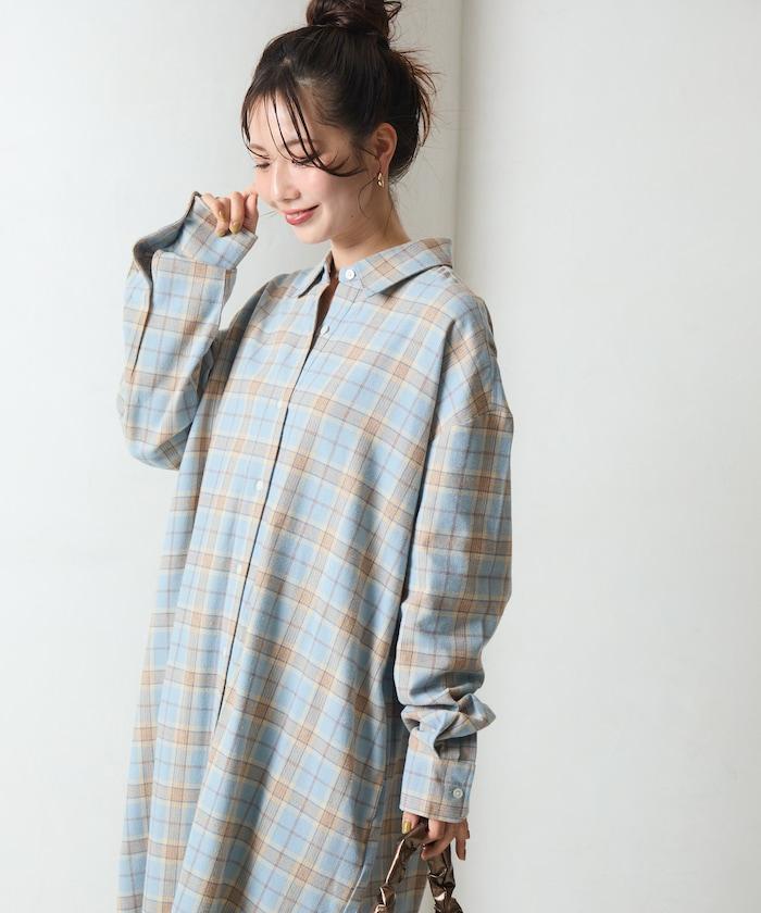 法蘭絨格子寬鬆襯衫連衣裙