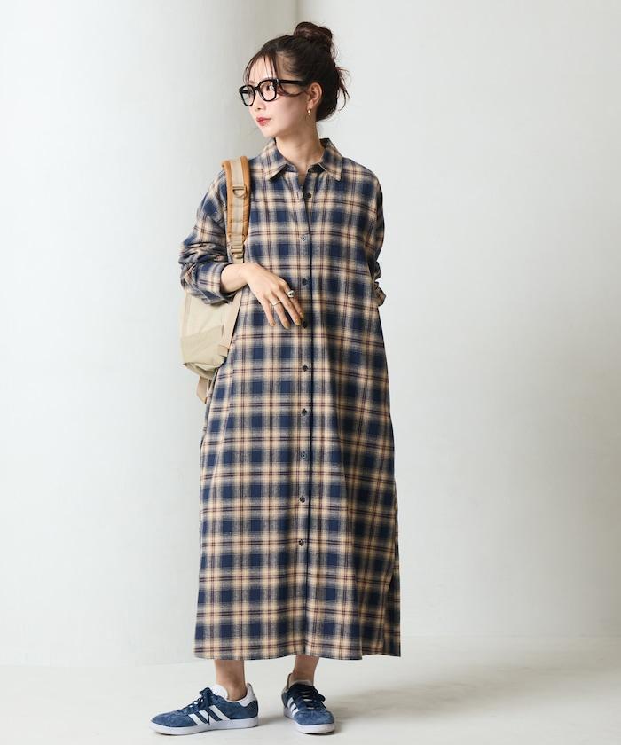 法蘭絨格子寬鬆襯衫連衣裙