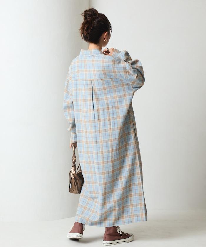 法蘭絨格子寬鬆襯衫連衣裙