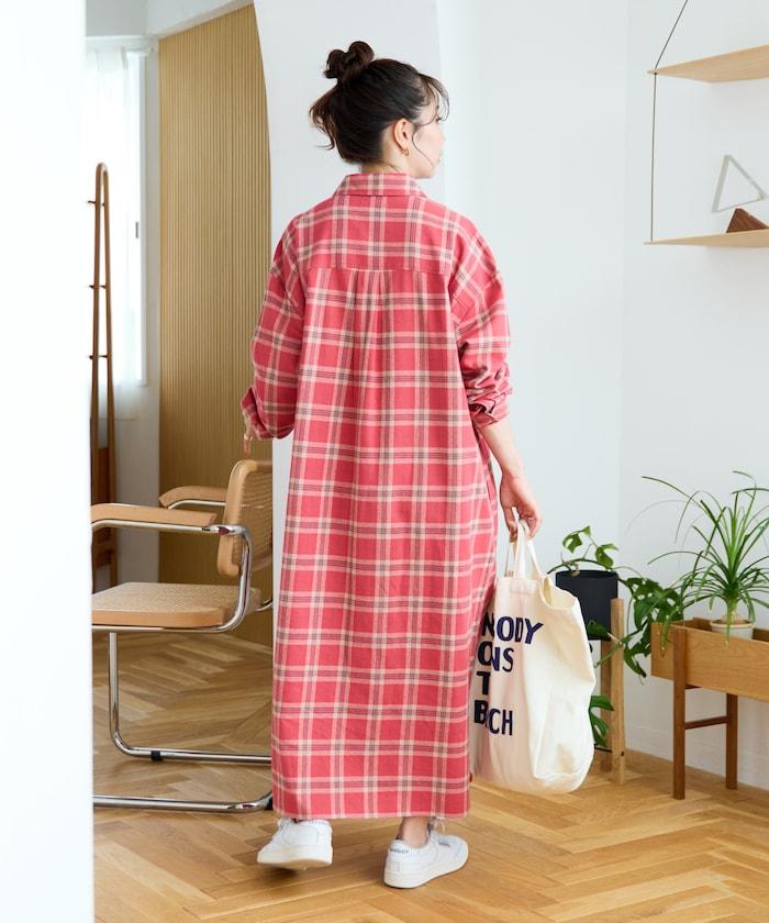 法蘭絨格子寬鬆襯衫連衣裙