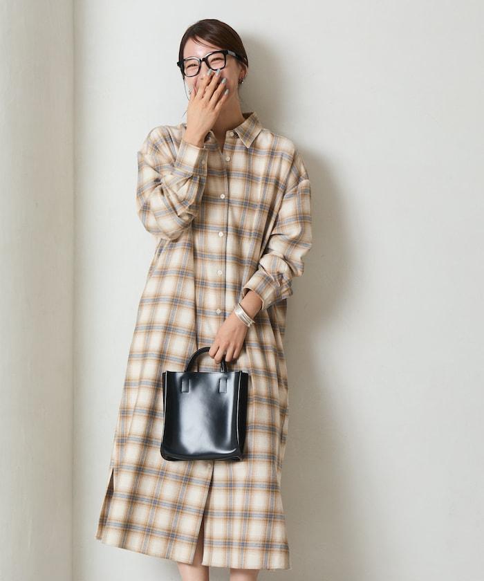 法蘭絨格子寬鬆襯衫連衣裙