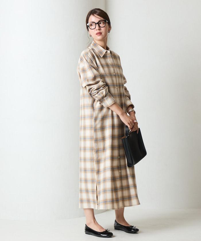 法蘭絨格子寬鬆襯衫連衣裙