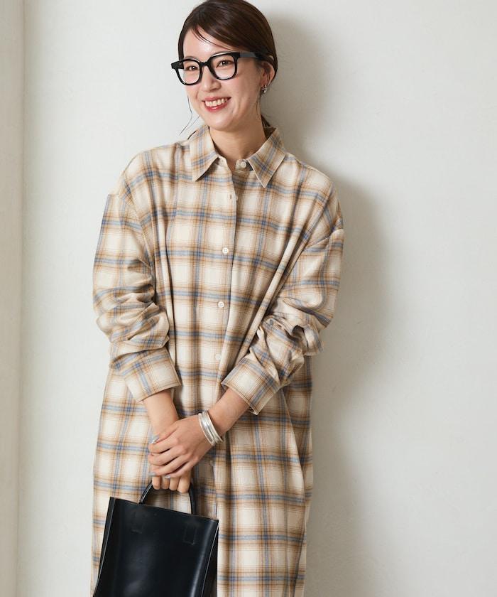 法蘭絨格子寬鬆襯衫連衣裙