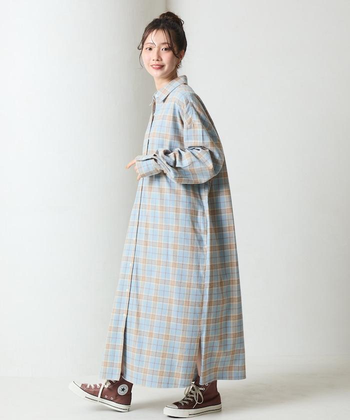 法蘭絨格子寬鬆襯衫連衣裙