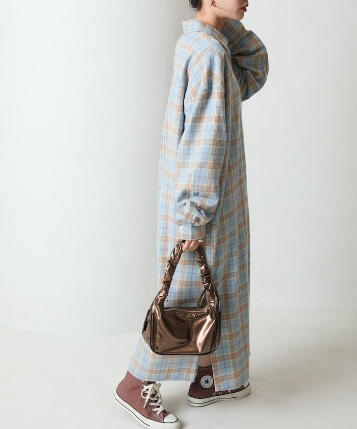 法蘭絨格子寬鬆襯衫連衣裙