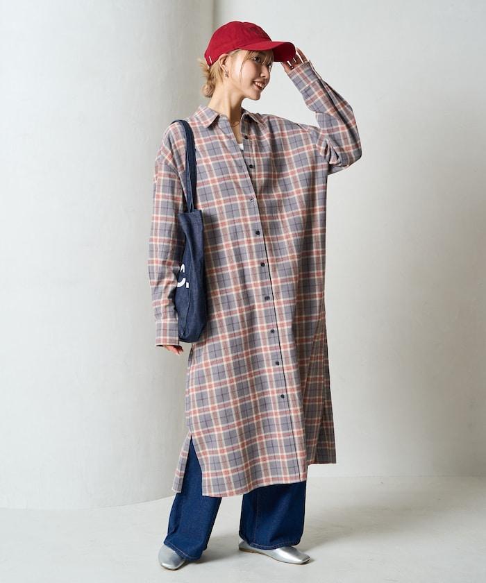 法蘭絨格子寬鬆襯衫連衣裙