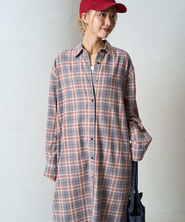 法蘭絨格子寬鬆襯衫連衣裙