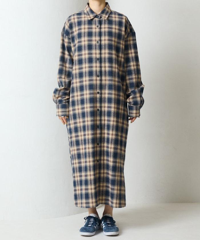 法蘭絨格子寬鬆襯衫連衣裙