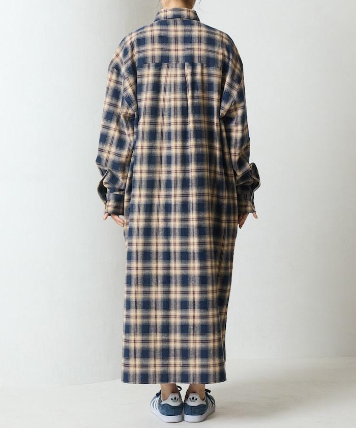 法蘭絨格子寬鬆襯衫連衣裙