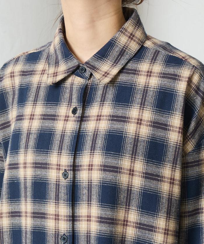 法蘭絨格子寬鬆襯衫連衣裙