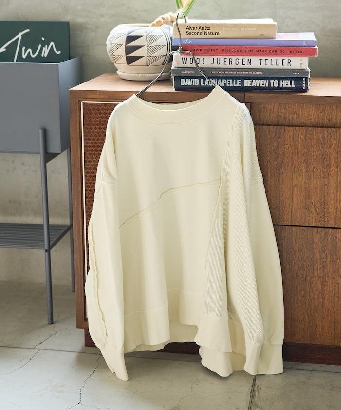 仿舊風格色素水洗衛衣拼接華夫格套頭衫