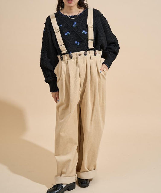 特別抽繩吊帶寬鬆雙褶長褲