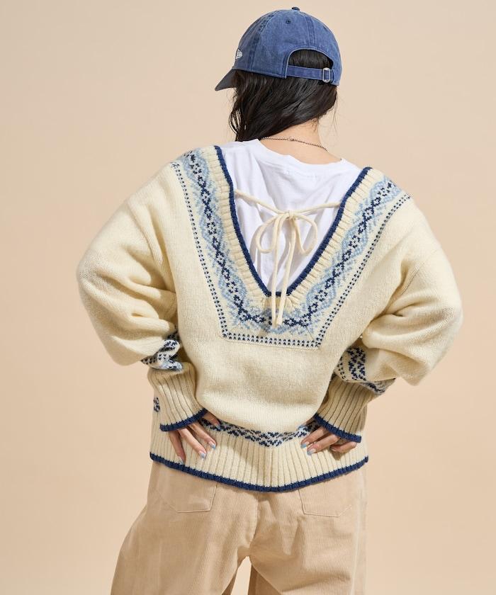 羊毛提洛爾風格背部蝴蝶結V領針織衫