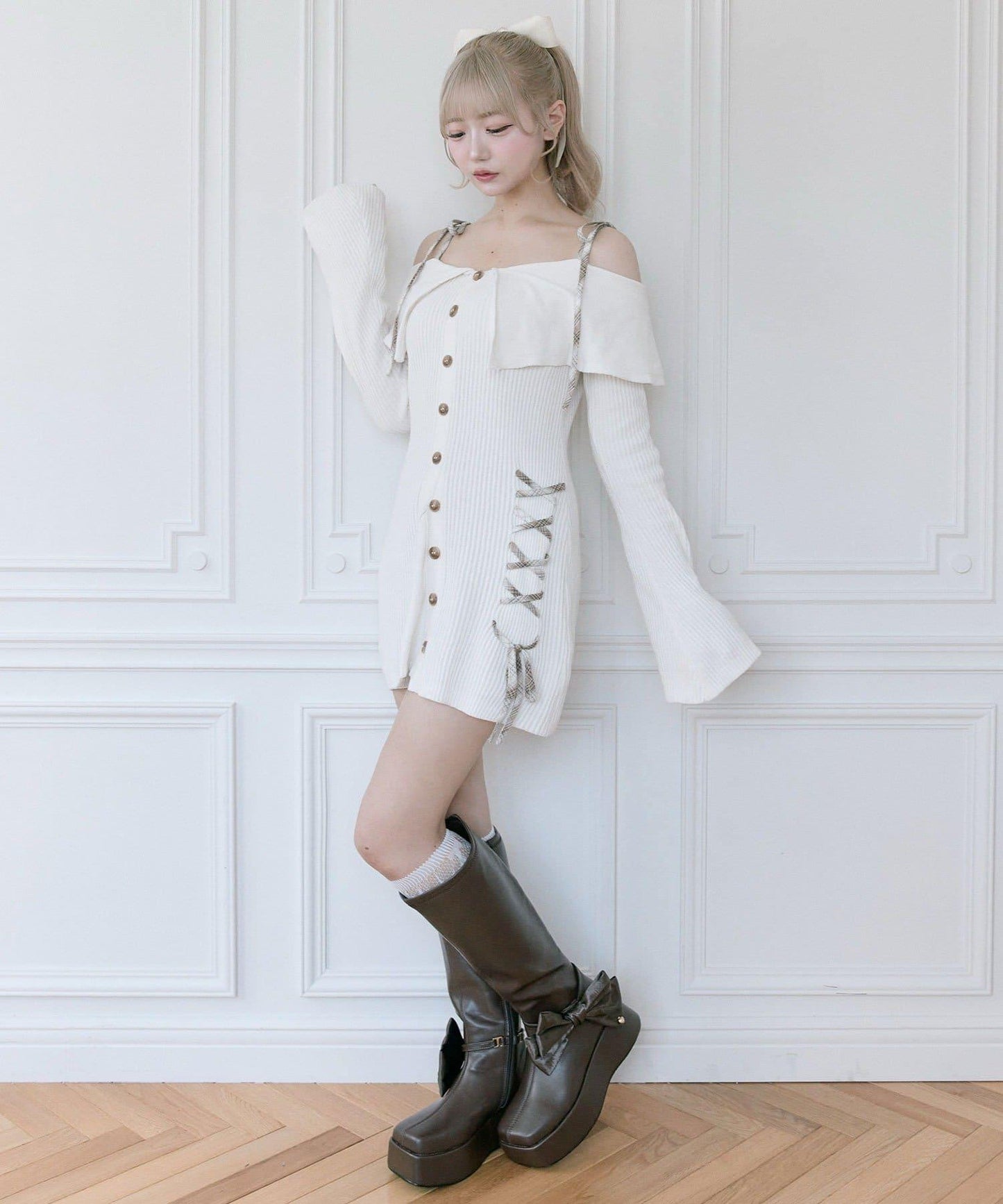 【Belle Charme】繫帶露肩針織連衣裙