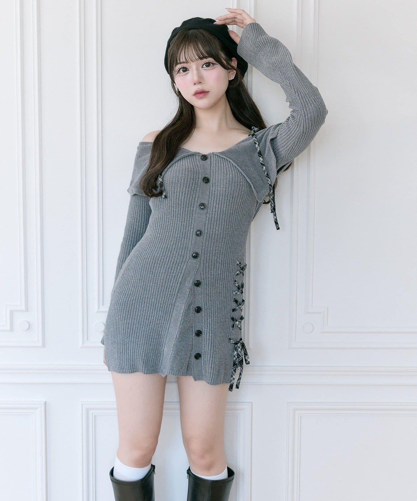 【Belle Charme】繫帶露肩針織連衣裙