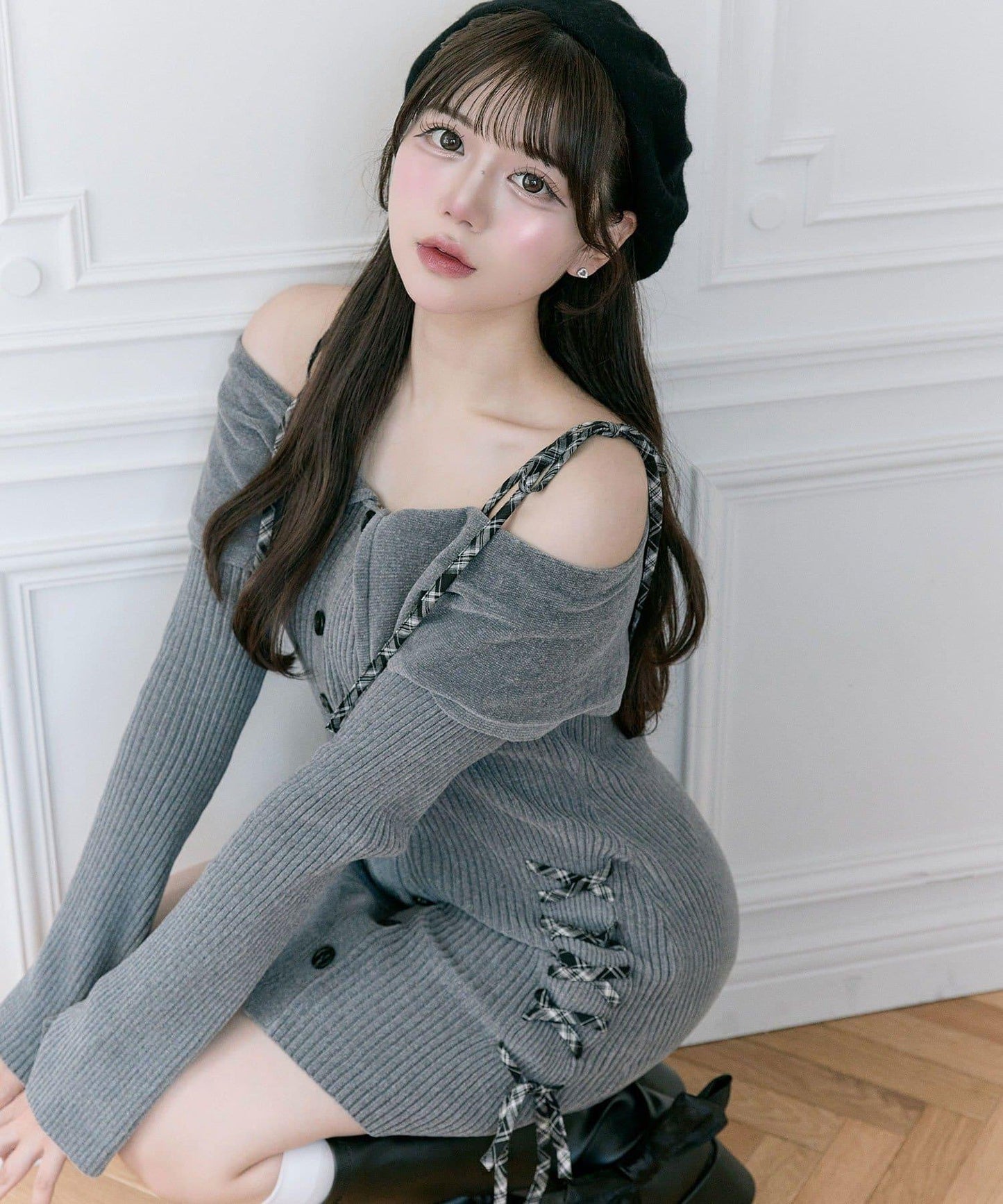 【Belle Charme】繫帶露肩針織連衣裙