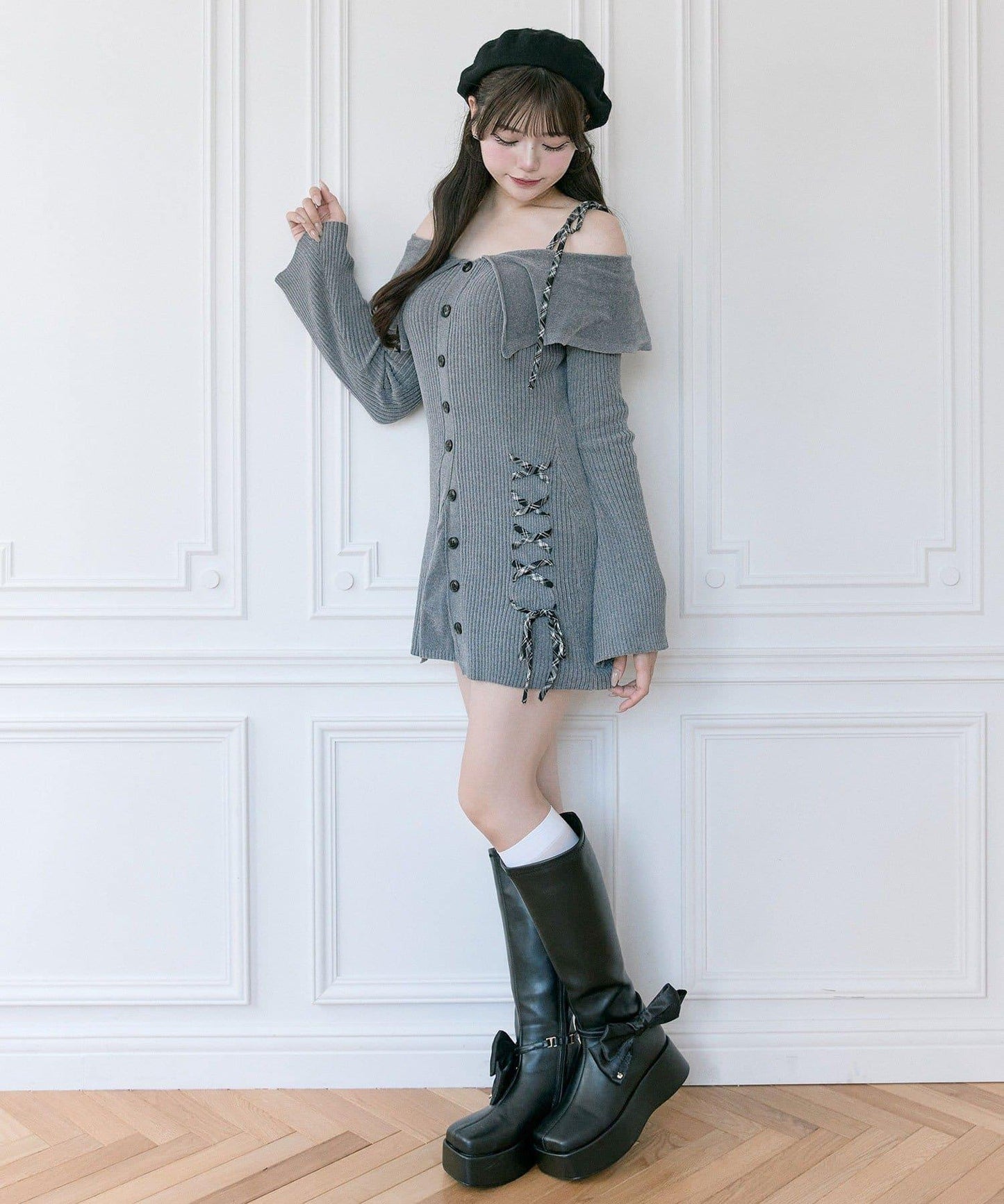 【Belle Charme】繫帶露肩針織連衣裙