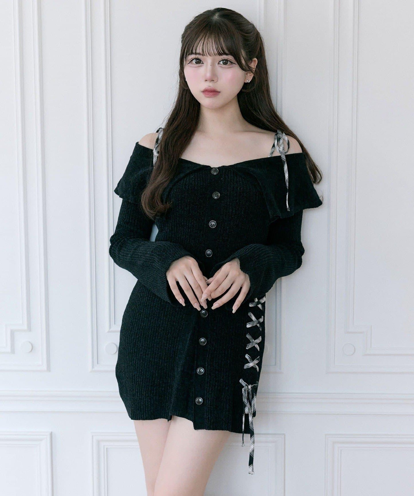 【Belle Charme】繫帶露肩針織連衣裙