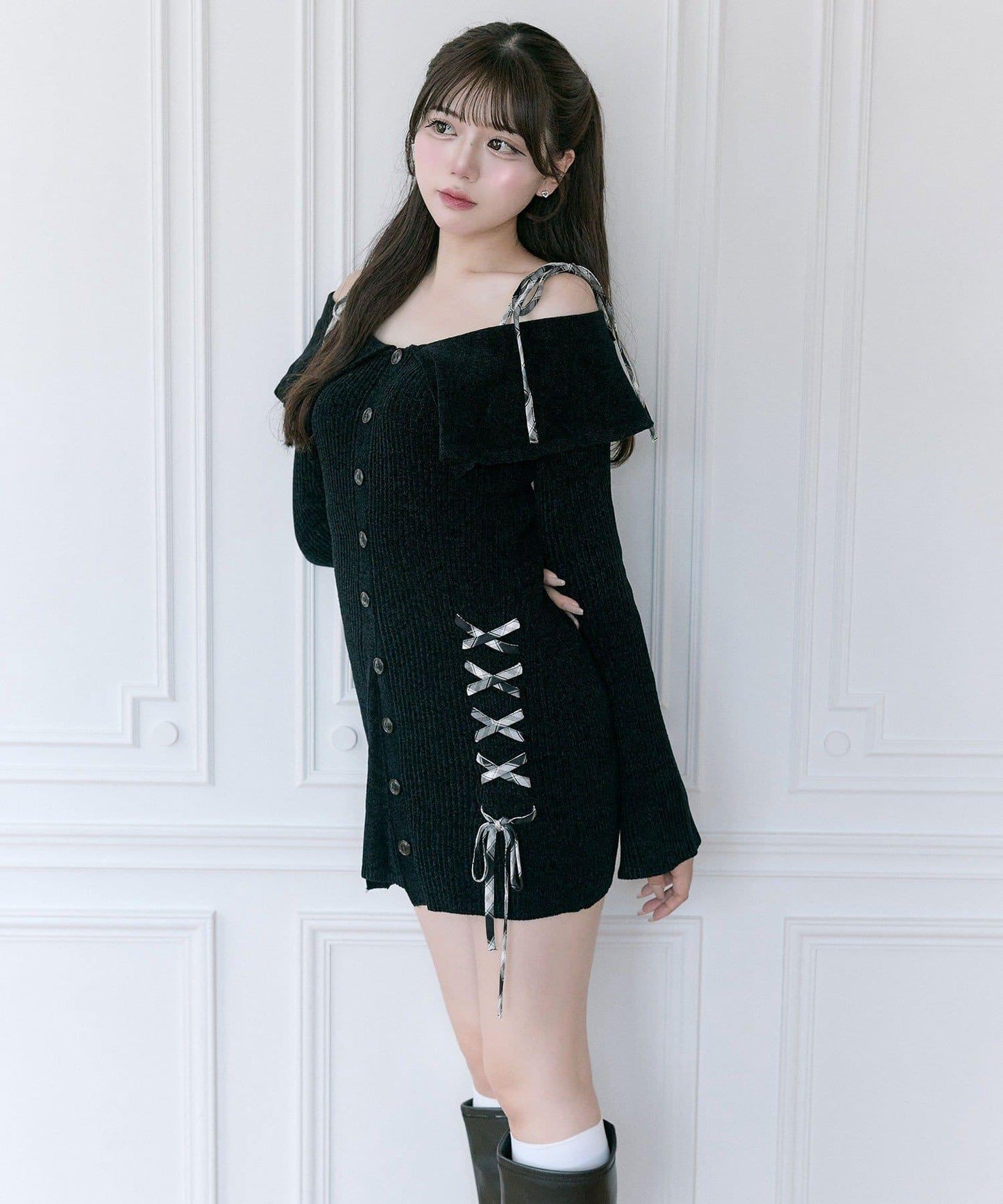 【Belle Charme】繫帶露肩針織連衣裙