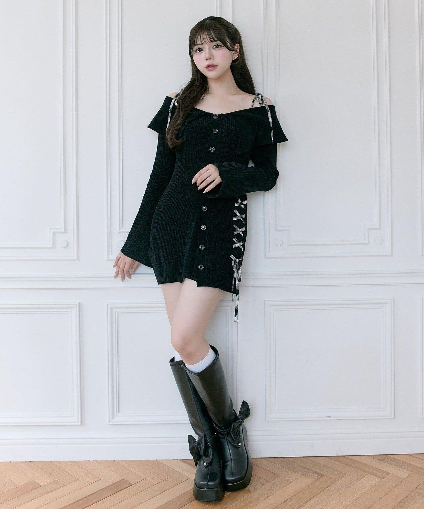 【Belle Charme】繫帶露肩針織連衣裙