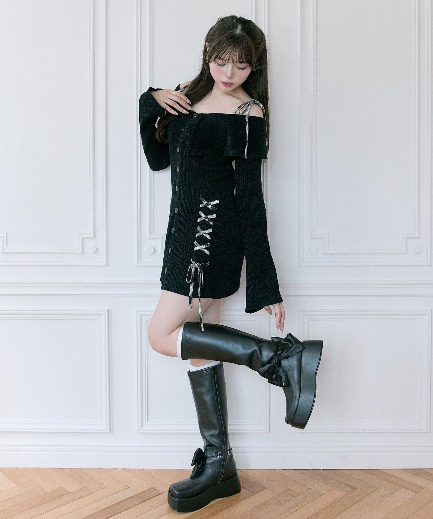 【Belle Charme】繫帶露肩針織連衣裙