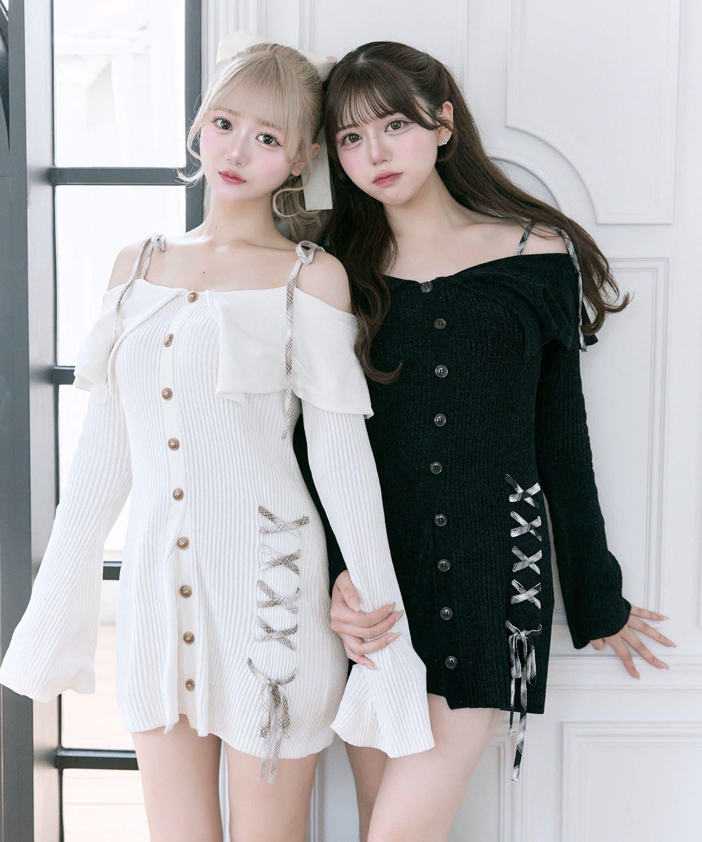 【Belle Charme】繫帶露肩針織連衣裙