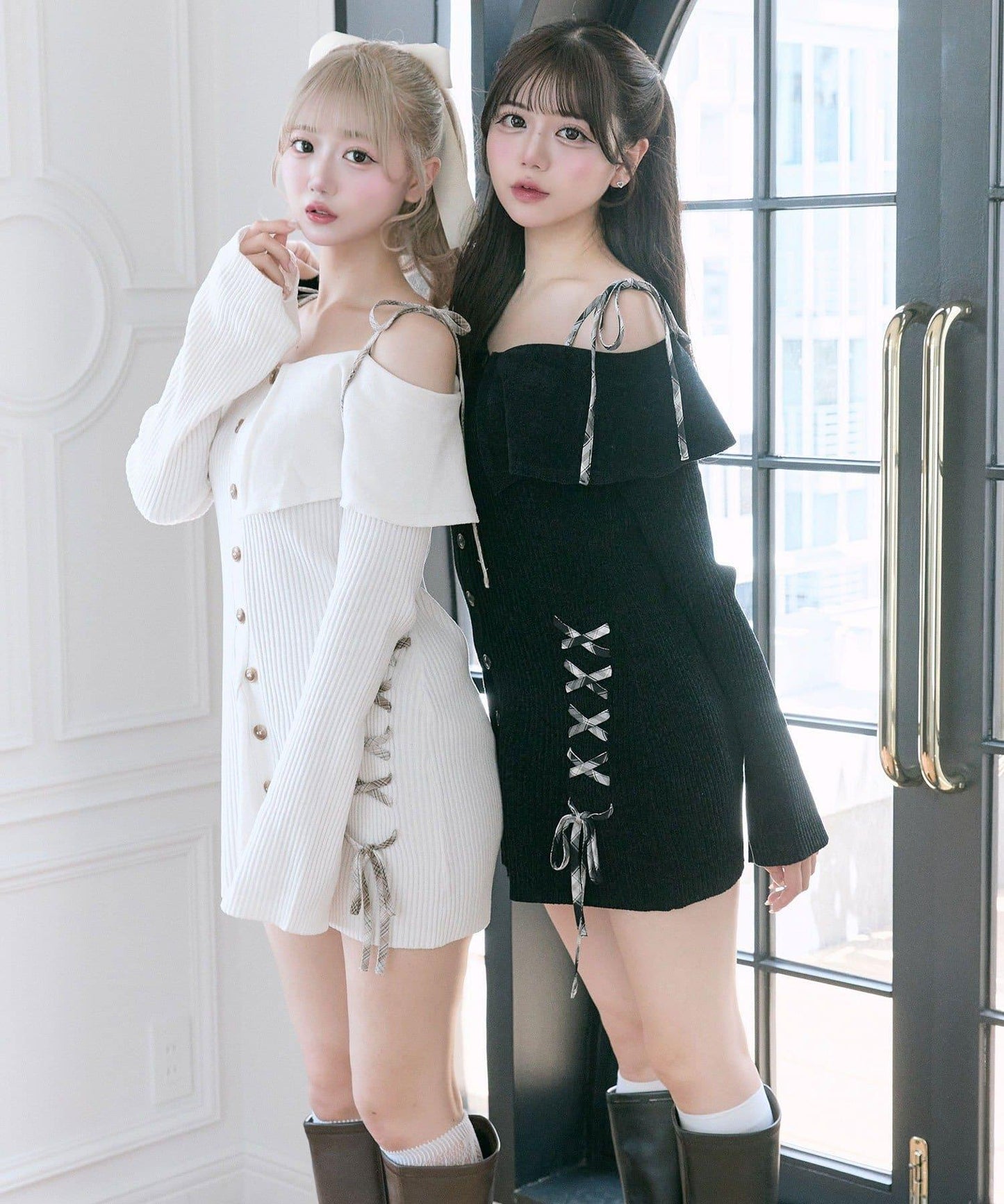 【Belle Charme】繫帶露肩針織連衣裙