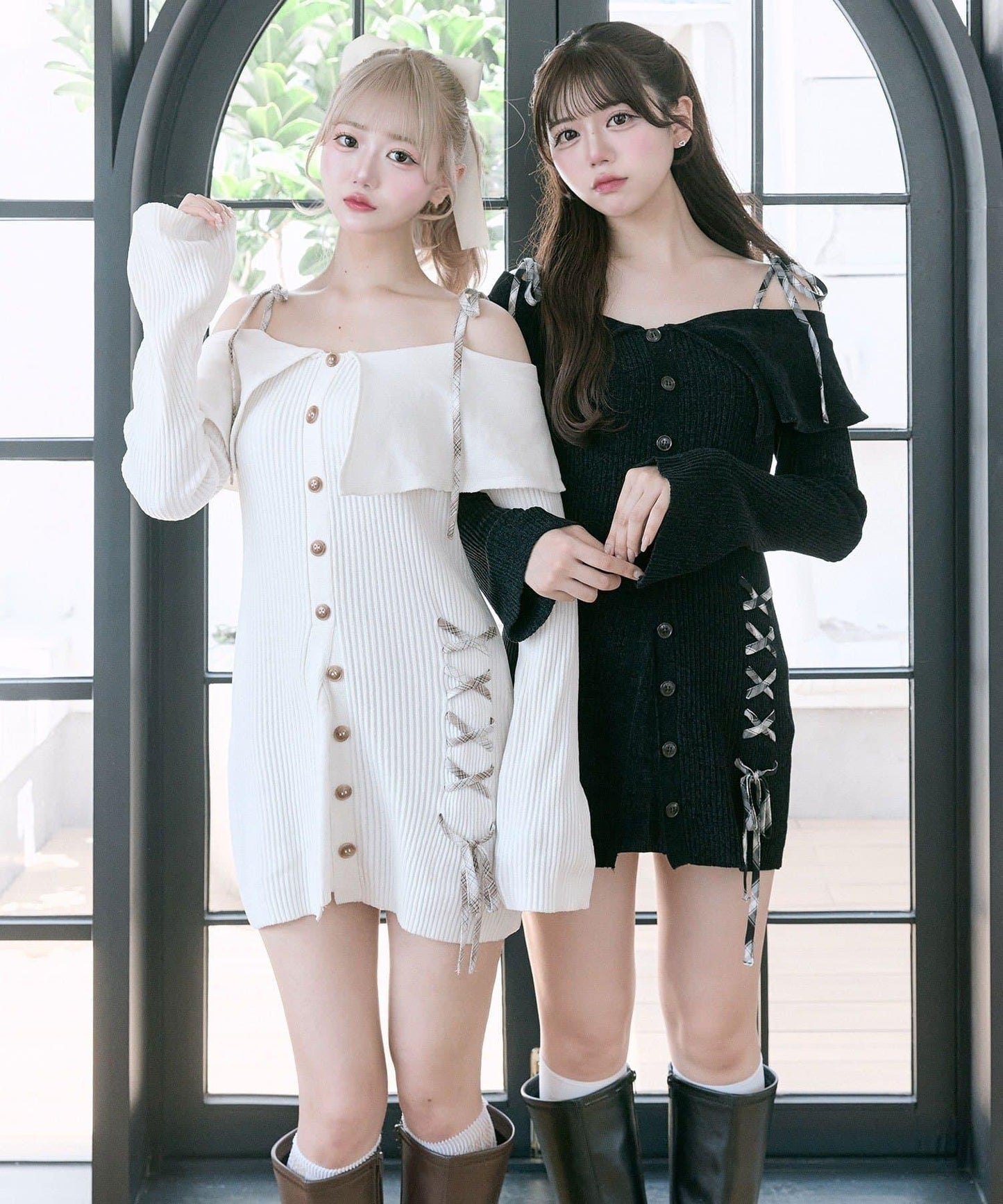 【Belle Charme】繫帶露肩針織連衣裙