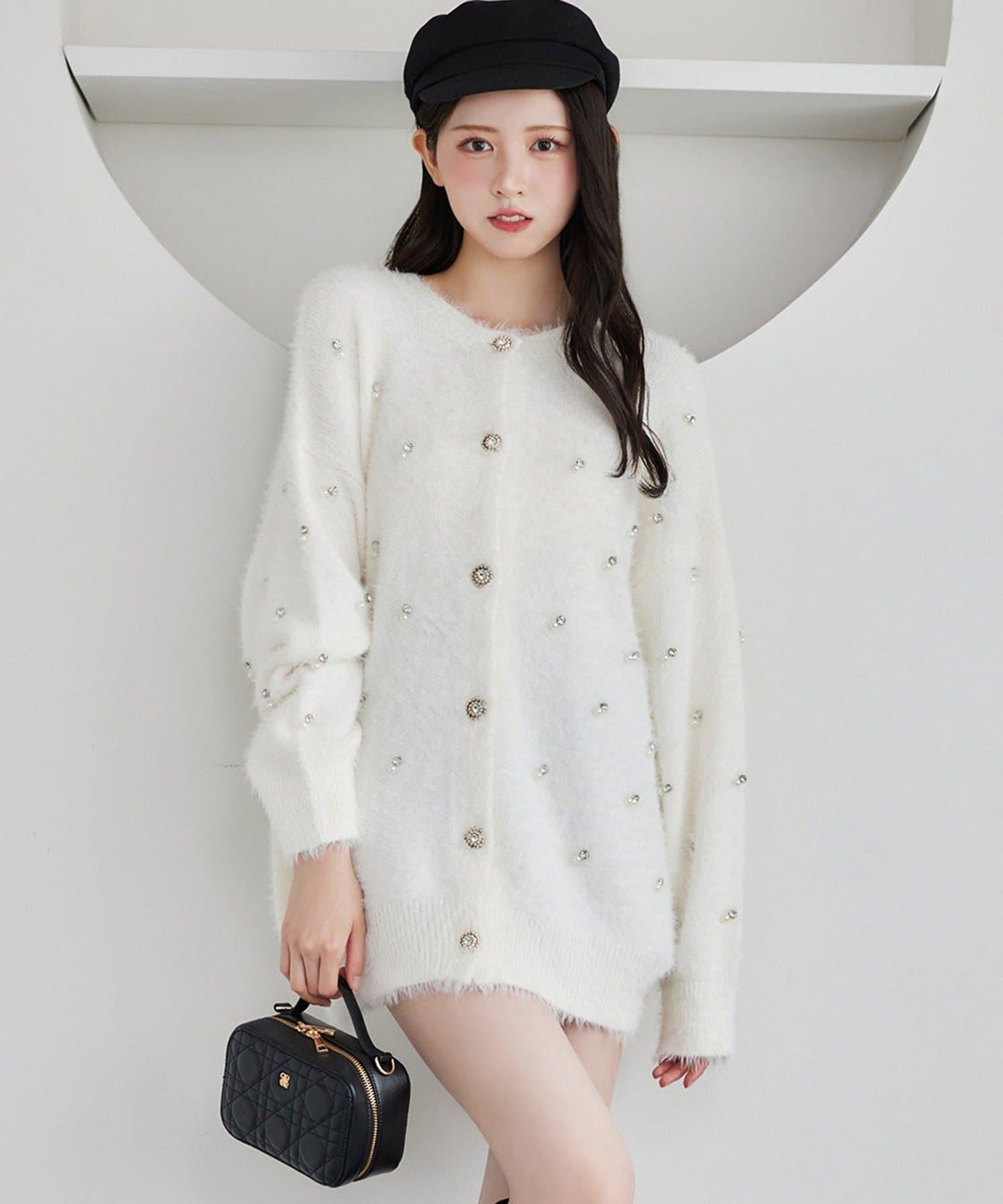 【PremiumOrder】寶石裝飾毛絨長款開衫