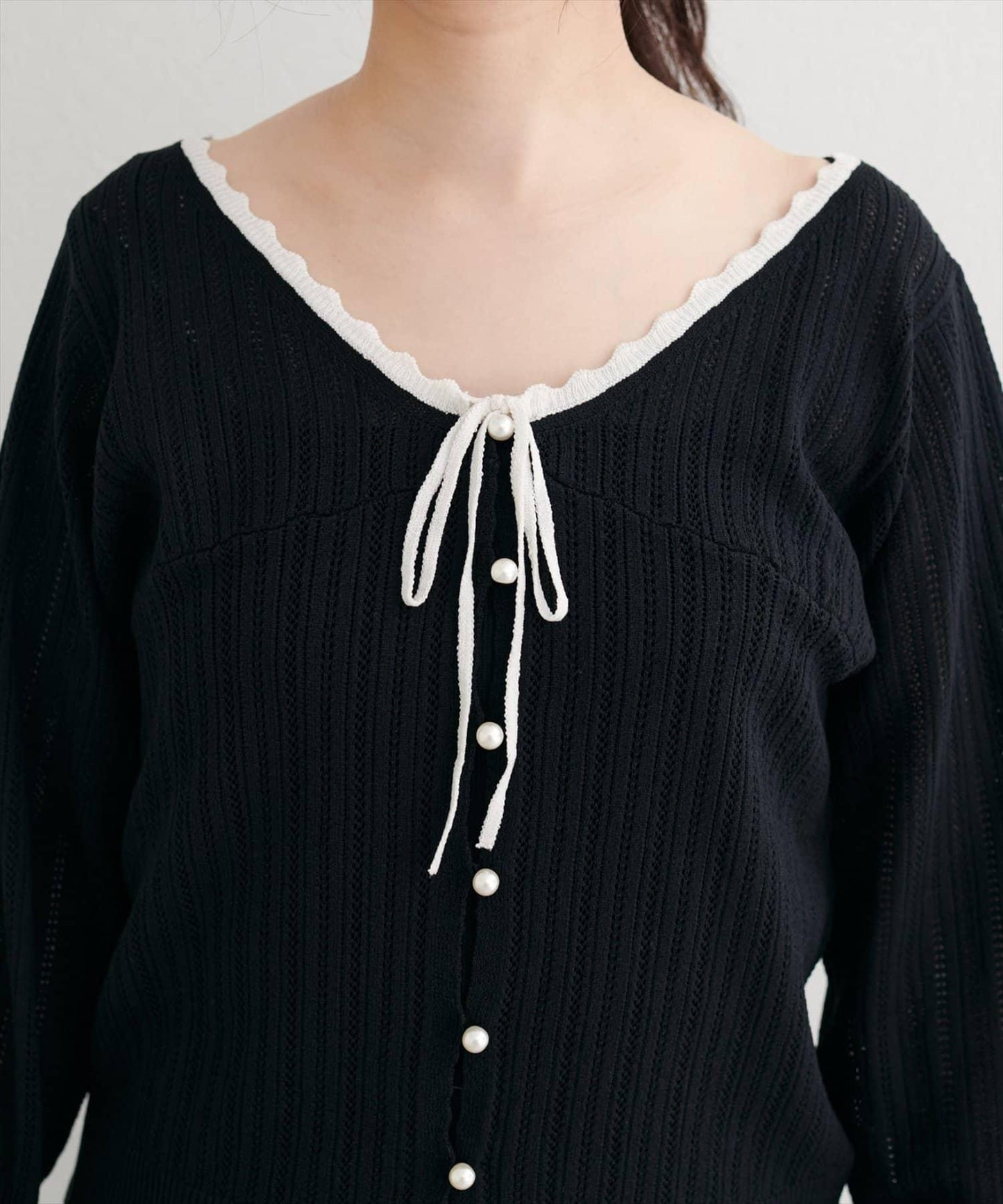 拼色蝴蝶結鏤空針織開衫