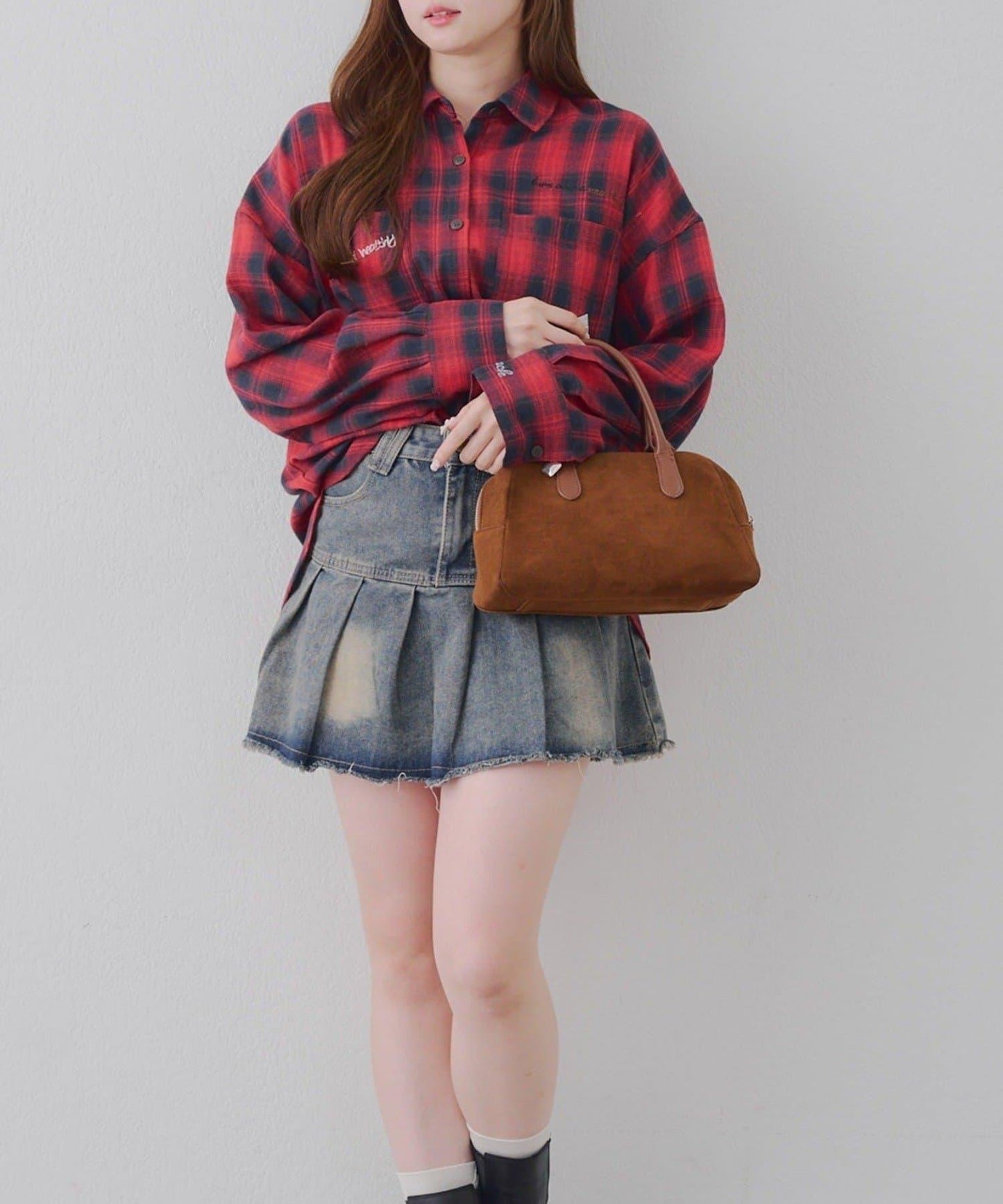 【RMAF】拼接皮革刺繡格子襯衫